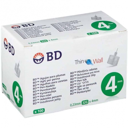 AGUJAS ESTERILES BD PARA PLUMAS 100 UNIDADES 32 G (4 MM X 0.23 MM)