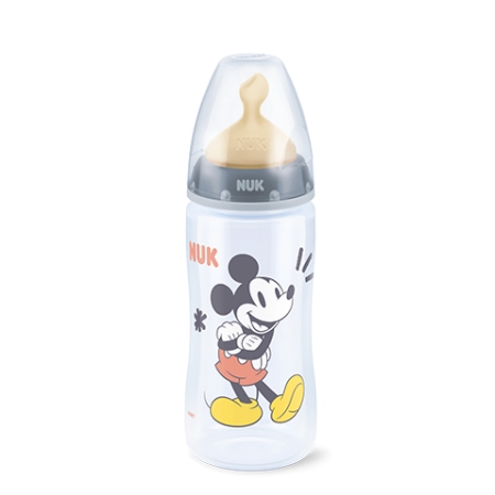 NUK FIRST CHOICE+ BIBERON MICKEY PP TETINA DE LATEX TALLA L 6-18 MESES 300 ML GRIS / ROSA