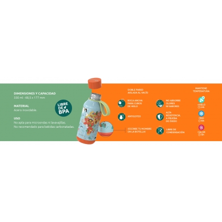 QUOKKA KIDS BOTELLA ACERO INOXIDABLE SOLID CON COLGADOR GROVE BIRDS 330 ML