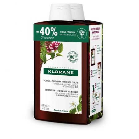 KLORANE DUPLO CHAMPU ANTICAIDA QUININA & EDELWEISS BIO 2X400 ML