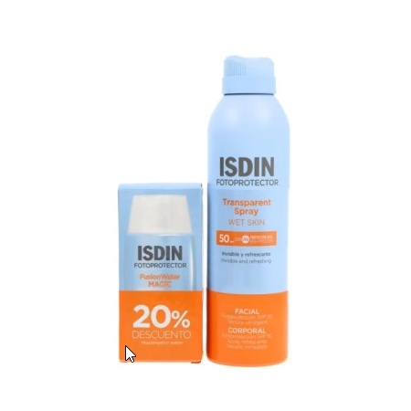 ISDIN PACK SPRAY TRANSPARENT WET SKIN SPF50 250 ML + FUSION WATER MAGIC SPF50 50 ML
