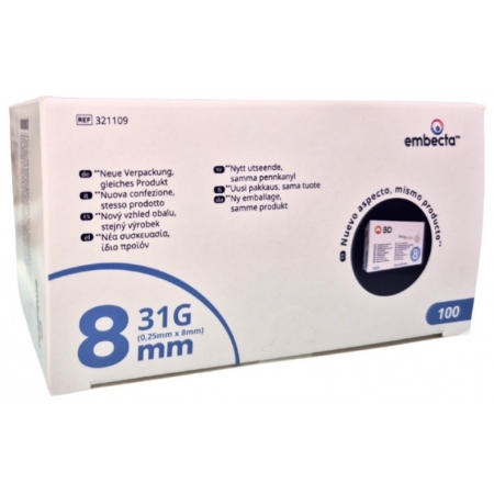 AGUJAS ESTERILES BD PARA PLUMAS 100 UNIDADES 31 G (8 MM X 0.25 MM)